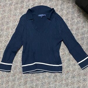 Tommy Hilfiger Dark Blue V-Neck Sweater with White Trim